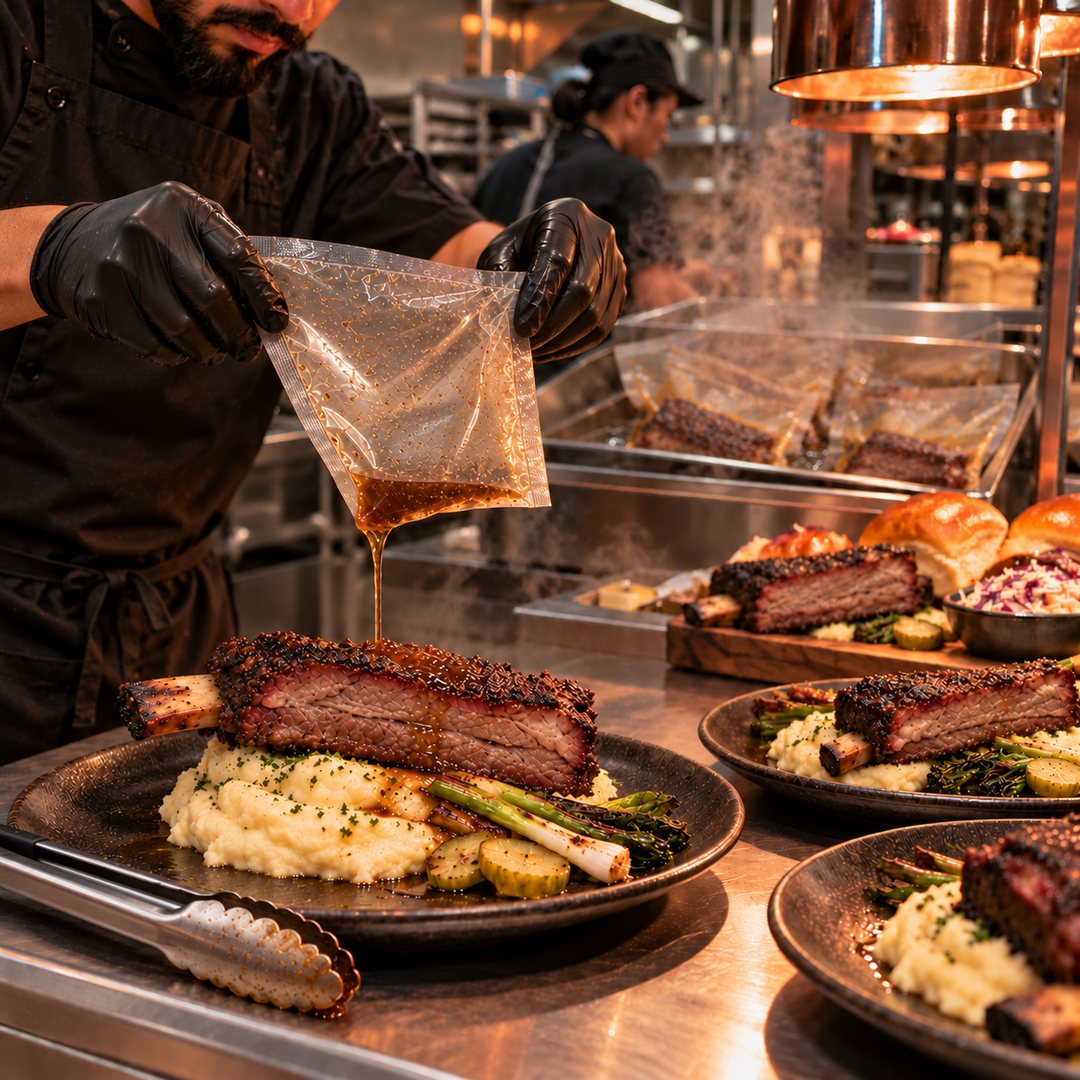 Central catering kitchen preparing smoked meat trays and brioche buns at volume