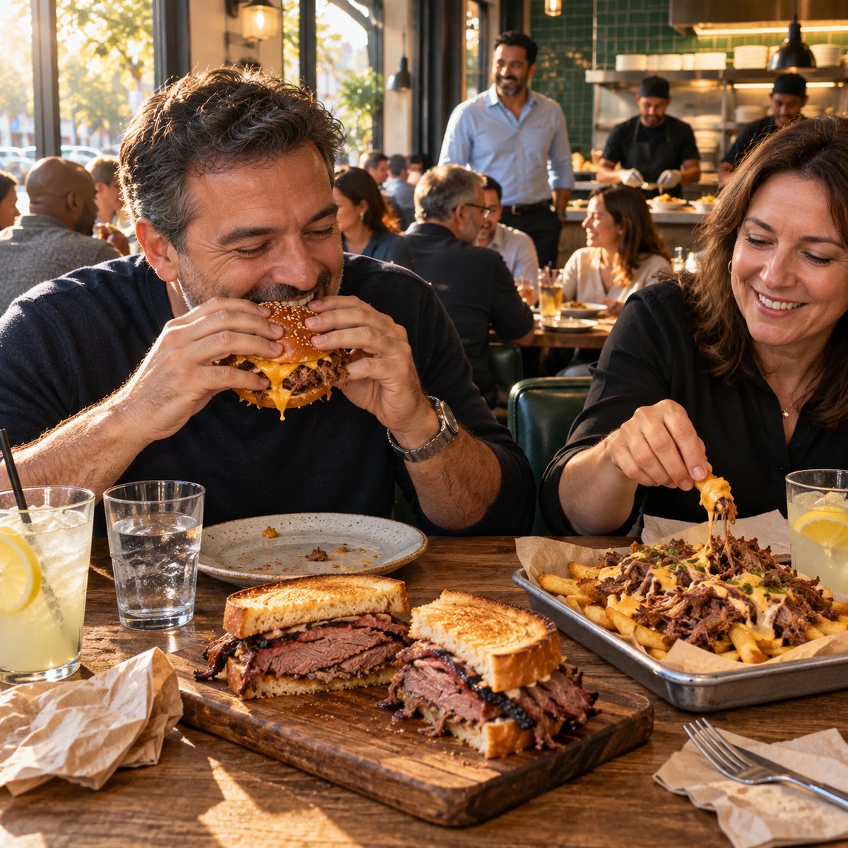 Customers enjoying a brioche burger, smoked brisket Texas Toast and loaded fries in a busy UK restaurant while the manager smiles over a full room