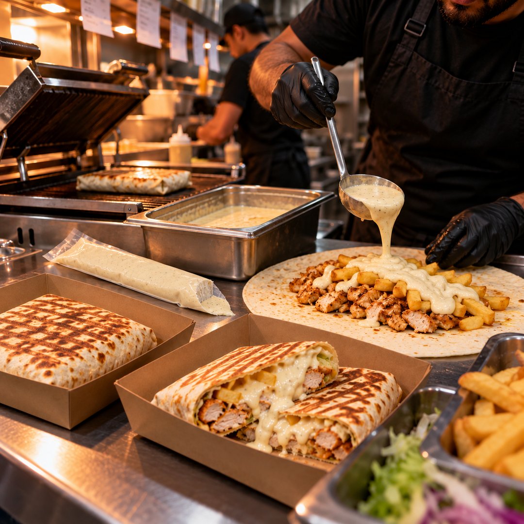 French Tacos Sauce: kitchen during service