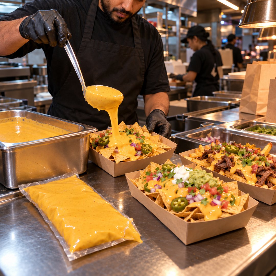 Nachos Cheese Sauce with Jalapeños: kitchen during service