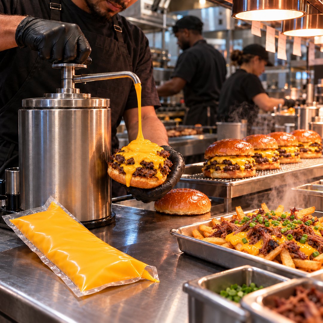 Premium Cheddar Sauce: kitchen during service