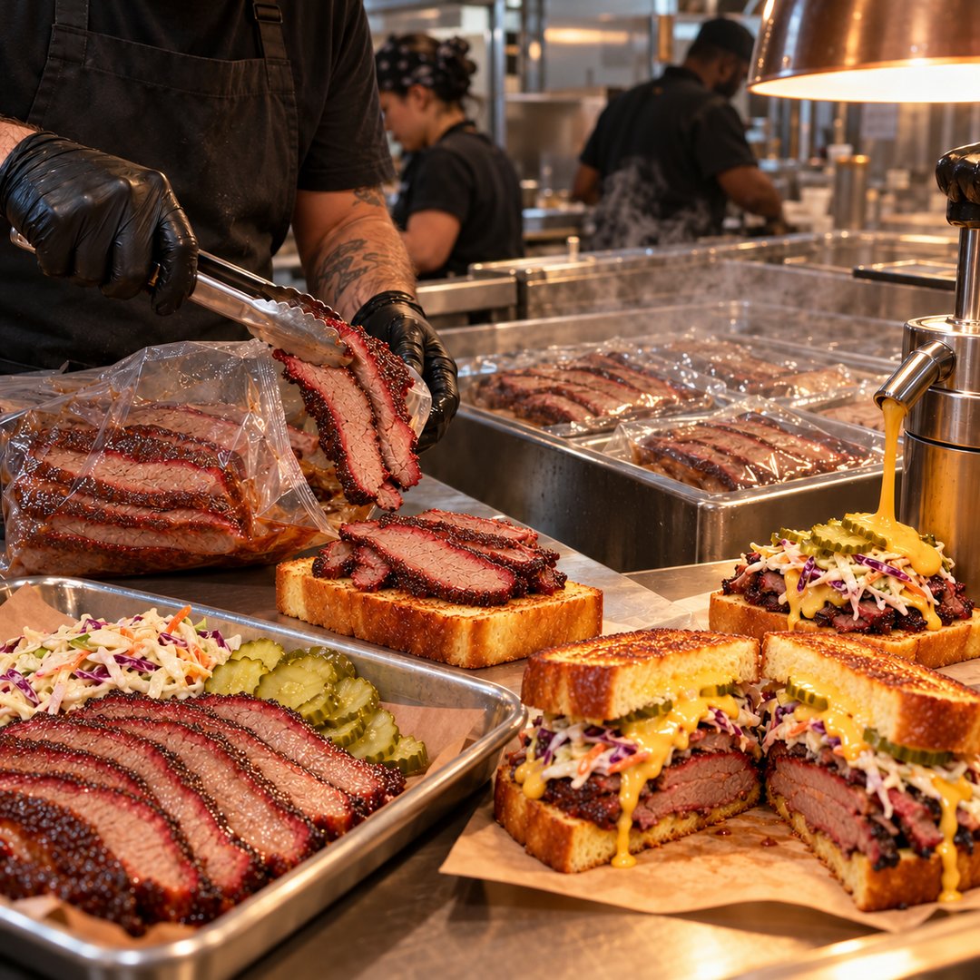 Smoked Beef Brisket, Sliced: kitchen during service